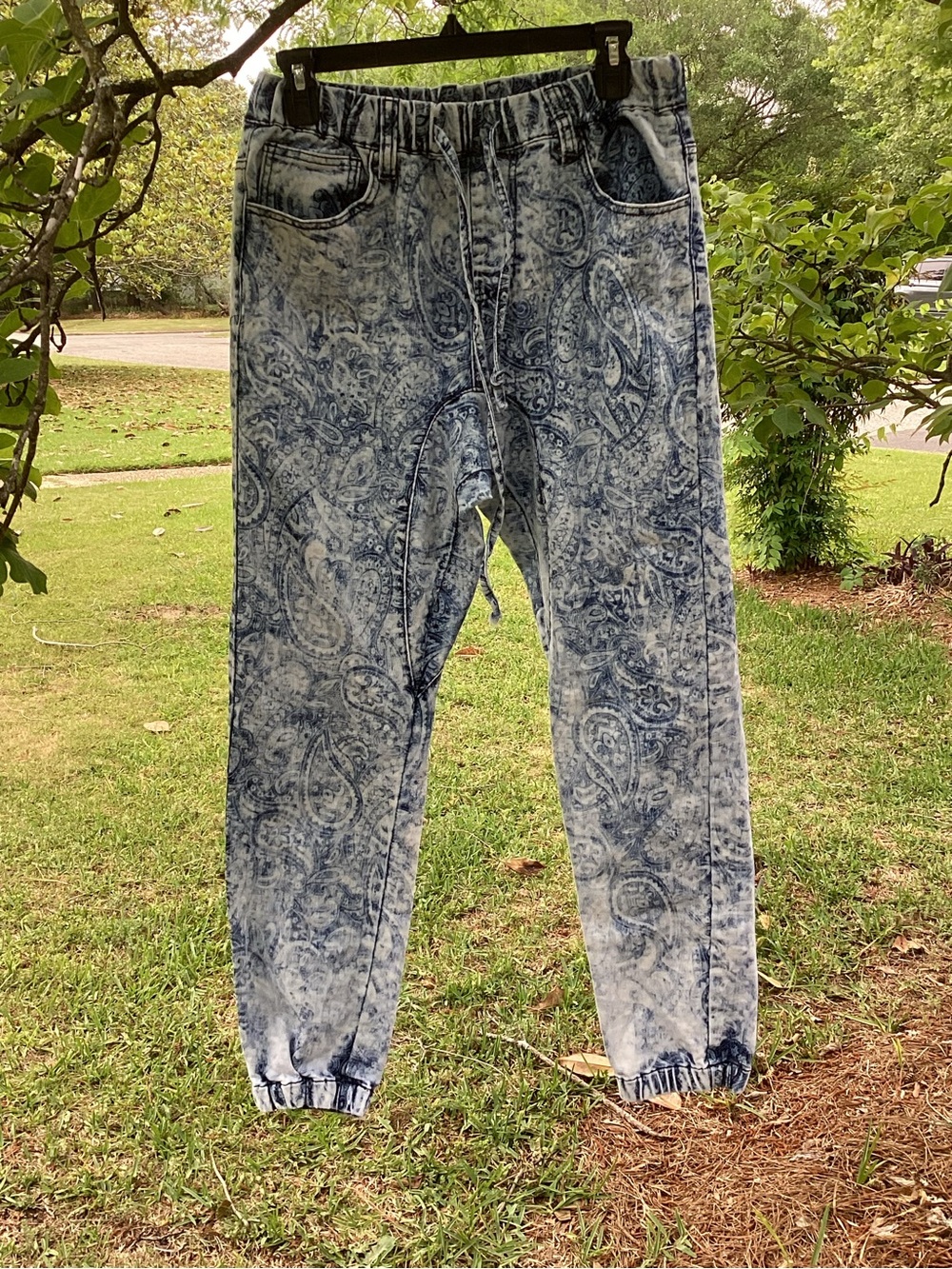 Men's Blue Acid-Wash Paisley Jogger Sweatpants